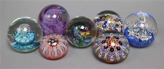 Three Strathearn millefiori glass paperweights, and four abstract glass paperweights by Caithness and Selkirk (7)